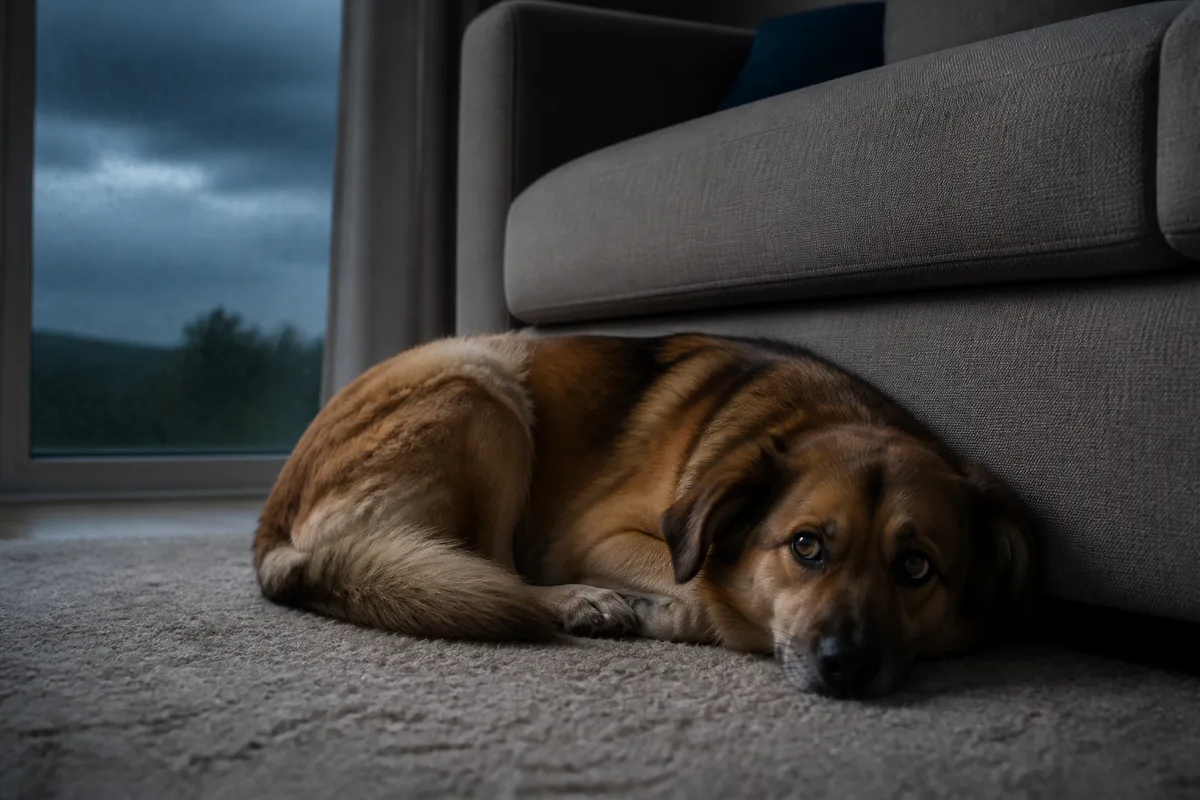 Chien couché contre un canapé dans un salon assombri par un ciel d&rsquo;orage