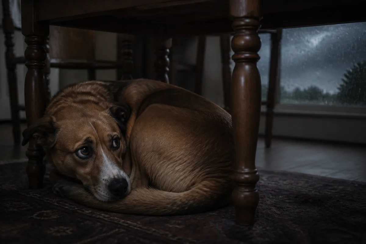 Chien recroquevillé sous une table pendant un orage, lumière tamisée