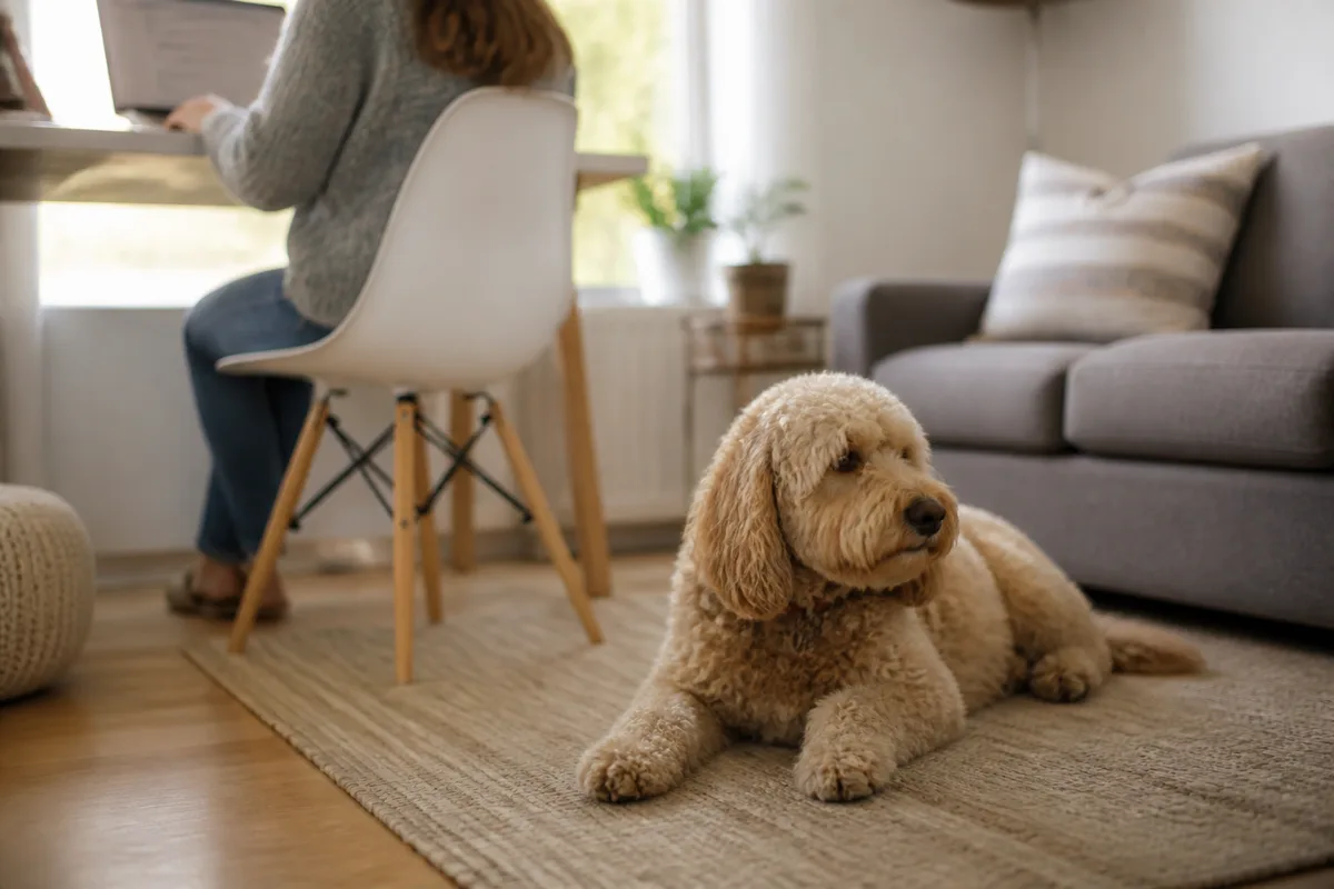 Personne travaillant calmement avec son chien assis sur un tapis dans un salon
