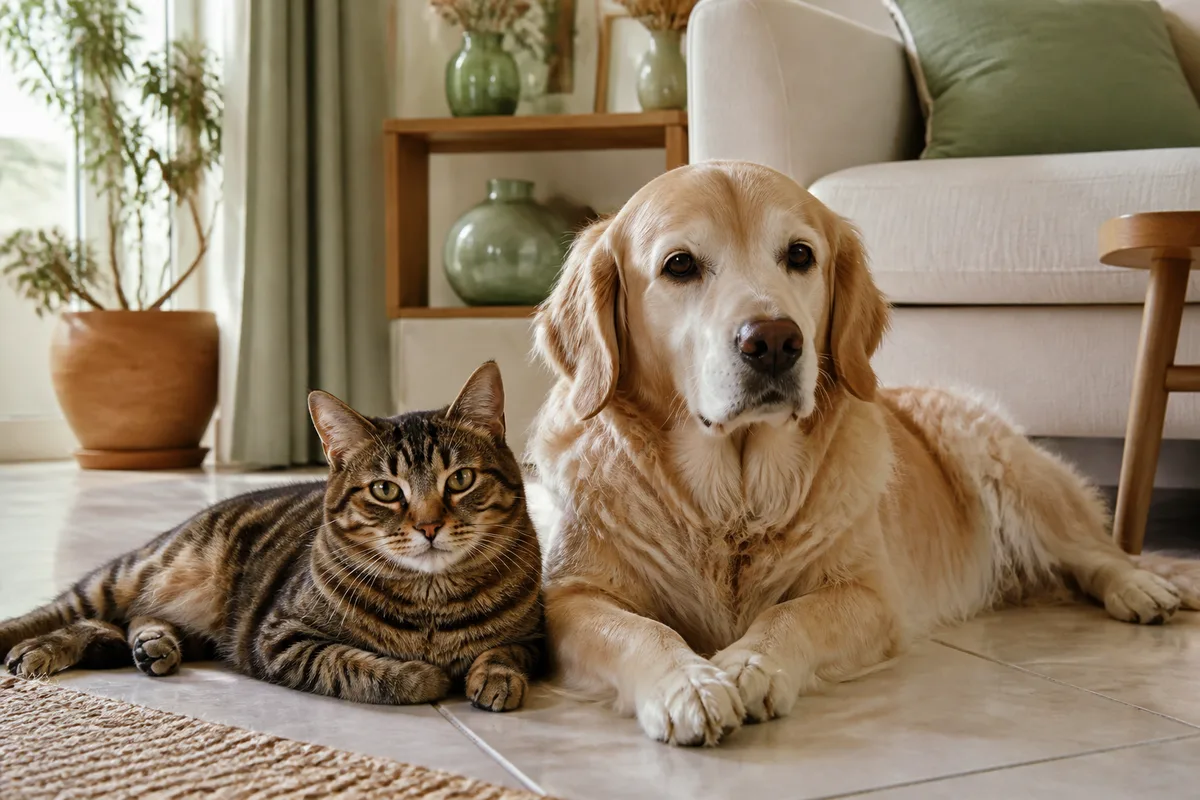 Chat et chien installés côte à côte dans un salon calme