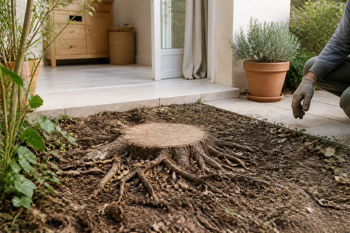 Souche d&rsquo;arbre coupée au ras du sol dans un jardin, racines apparentes