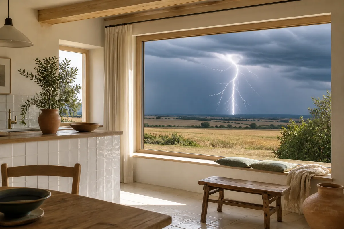 Éclair ramifié illuminant un ciel d&rsquo;orage au-dessus d&rsquo;une plaine