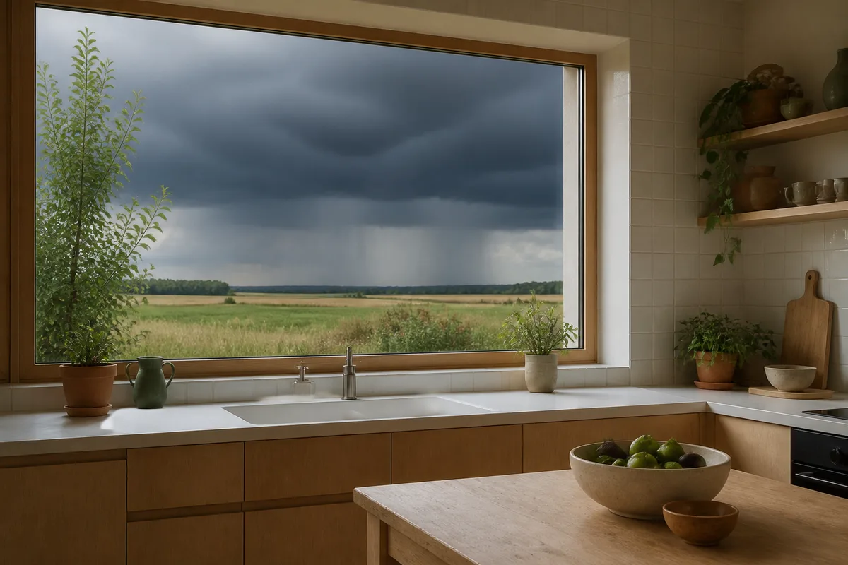 Ciel chargé de nuages sombres et pluie visible à l&rsquo;horizon au-dessus d&rsquo;un champ
