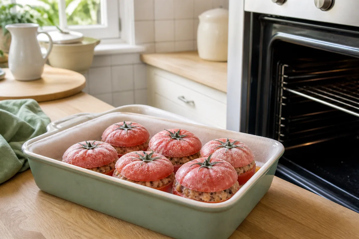 Plat de tomates farcies sorti du congélateur et prêt pour un réchauffage au four