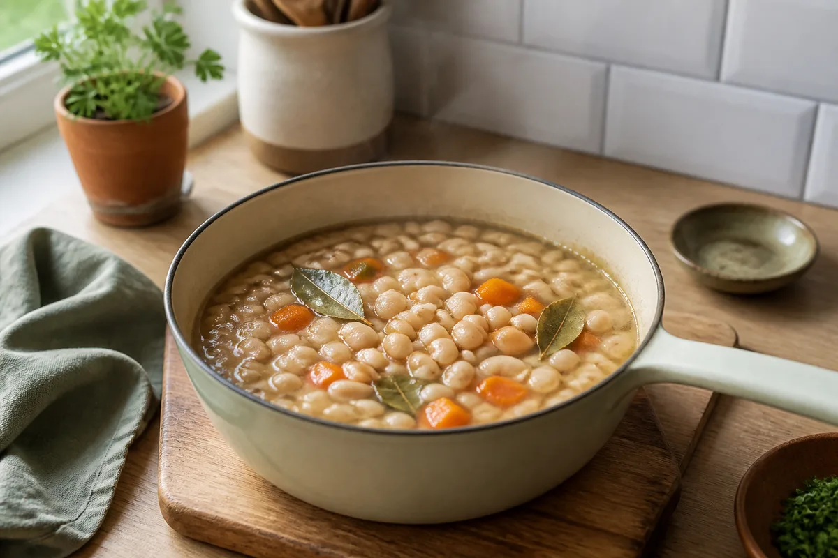 Casserole de haricots blancs en cuisson douce avec laurier et carotte