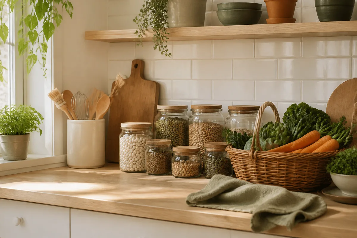 Table de cuisine en bois avec légumes frais, carnet ouvert et lumière de fin d'après-midi