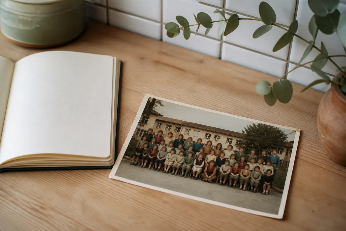 Photographie de classe des années 1970 posée sur une table avec un carnet